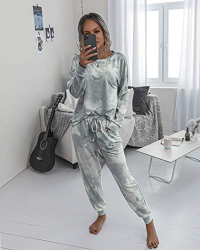 PRETTYGARDEN Women's Tie Dye Two Piece Tracksuit Set Long Sleeve Sweatshirt with Long Pants (Grey,X-Large)