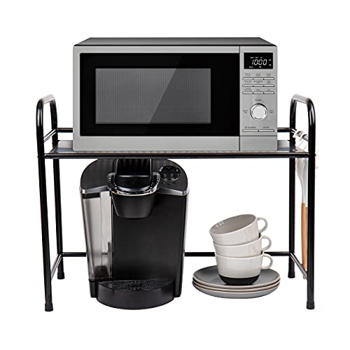 Mind Reader Elevate Collection, Microwave Oven Rack, Utility Shelf for Utensils, Cook Books, Towels, Pot Holders and Accessories, 2 Hooks, Metal, Black