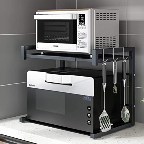 PUSDON Extendable Microwave Oven Rack, Adjustable Microwave/Toaster Shelf Heavy Duty Stand Kitchen Counter Top Organizer(L15.7~23.6" xW12.6 xH18.9), 2-Tier with 3 Hooks, 160lbs Weight Capacity, White