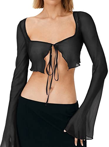 Remidoo Women's Sexy Sheer Mesh Tie Front Crop Top Long Sleeve See Through Cardigan Cover Up Shirt Hot Pink Large