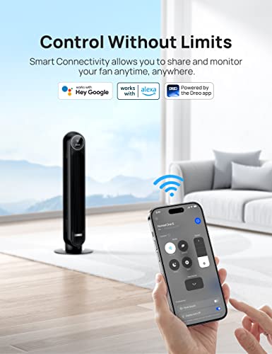 Dreo Tower Fan for Bedroom, Smart Oscillating Quiet Floor Fans, Standing Bladeless Fan with Remote and WiFi Voice Control, 4 Modes, 4 Speeds, 8H Timer, Works with Alexa/Google