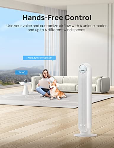 Dreo Tower Fan for Bedroom, Smart Oscillating Quiet Floor Fans, Standing Bladeless Fan with Remote and WiFi Voice Control, 4 Modes, 4 Speeds, 8H Timer, Works with Alexa/Google