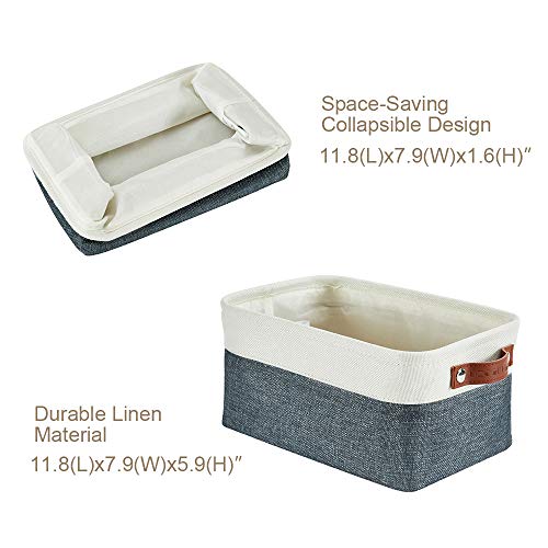 DECOMOMO Foldable Small Storage Bin | Rugged Canvas Fabric Basket Container W/ Leather Handles | Great for Organizing Closets, Offices, Nurseries and Homes (Grey and White, Small - 6 Pack)