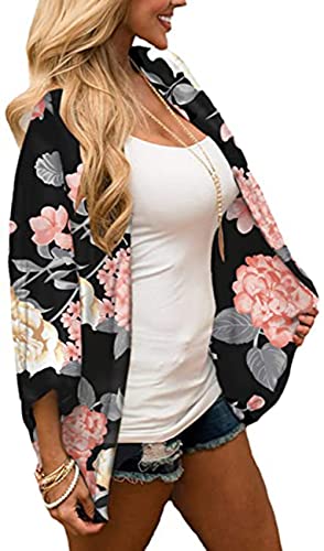 Naivikid Women's Summer Floral Print Kimonos Loose Half Sleeve Chiffon Cardigan Blouses Casual Cover Up Tibetan Blue Flower XXL