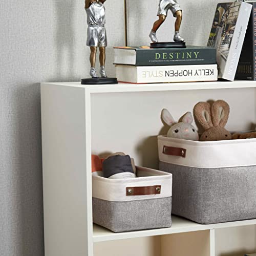 DECOMOMO Foldable Small Storage Bin | Rugged Canvas Fabric Basket Container W/ Leather Handles | Great for Organizing Closets, Offices, Nurseries and Homes (Grey and White, Small - 6 Pack)