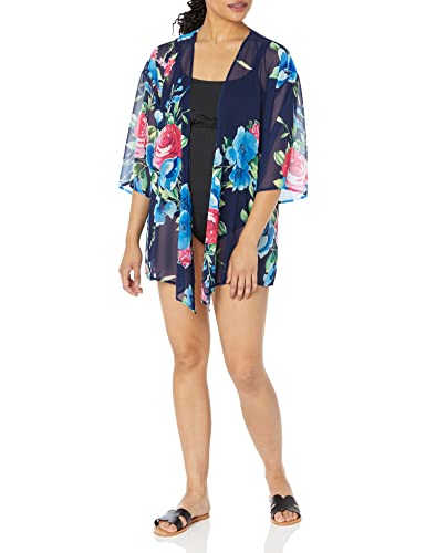 Naivikid Women's 3/4 Sleeve Floral Print Kimono Sheer Chiffon Loose Cardigan S-3XXL