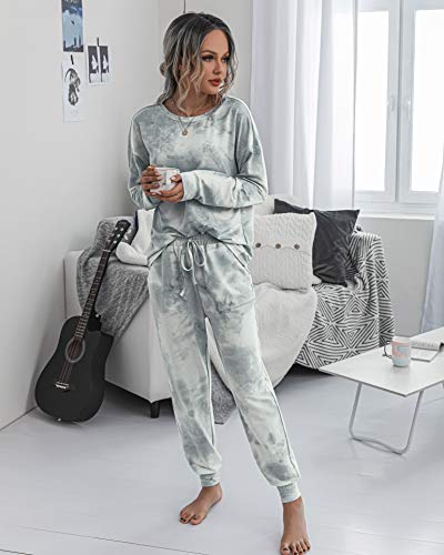 PRETTYGARDEN Women's Tie Dye Two Piece Tracksuit Set Long Sleeve Sweatshirt with Long Pants (Grey,X-Large)