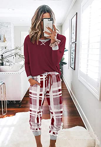 Ekouaer Women's Long Sleeve Pj Soft Crew Neck Pajama Long Sleeve Sweatshirt with Long Pants Red Plaid,Medium
