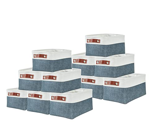 DECOMOMO Foldable Small Storage Bin | Rugged Canvas Fabric Basket Container W/ Leather Handles | Great for Organizing Closets, Offices, Nurseries and Homes (Grey and White, Small - 6 Pack)