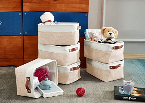 DECOMOMO Foldable Small Storage Bin | Rugged Canvas Fabric Basket Container W/ Leather Handles | Great for Organizing Closets, Offices, Nurseries and Homes (Grey and White, Small - 6 Pack)