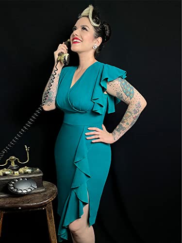 Knitee Women's Deep-V Neck Ruffle Sleeves Cocktail Party Pencil Slit Formal Dress (A-Black, Small)