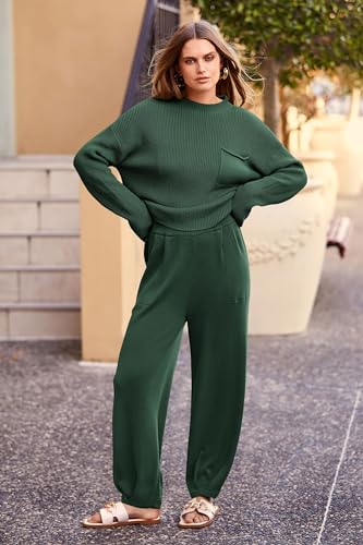 PRETTYGARDEN Women's 2 Piece Tracksuit Outfit Long Sleeve Pullover Top High Waisted Sweatpants with Pockets (Dark Green,Small)