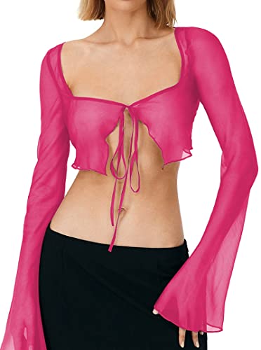 Remidoo Women's Sexy Sheer Mesh Tie Front Crop Top Long Sleeve See Through Cardigan Cover Up Shirt Hot Pink Large