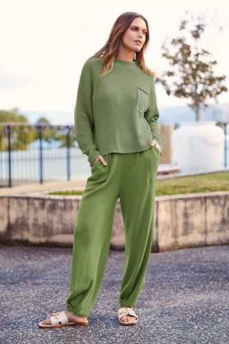 PRETTYGARDEN Women's 2 Piece Tracksuit Outfit Long Sleeve Pullover Top High Waisted Sweatpants with Pockets (Dark Green,Small)