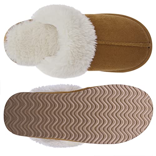 Litfun Women's Fuzzy Memory Foam Slippers Fluffy Winter House Shoes Indoor and Outdoor, Brown 7-7.5