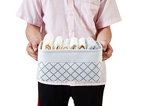 DECOMOMO Foldable Small Storage Bin | Rugged Canvas Fabric Basket Container W/ Leather Handles | Great for Organizing Closets, Offices, Nurseries and Homes (Grey and White, Small - 6 Pack)