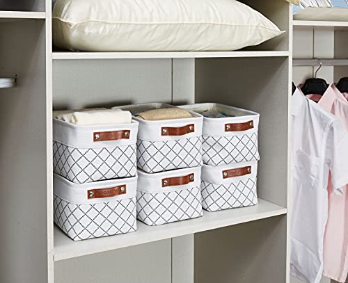 DECOMOMO Foldable Small Storage Bin | Rugged Canvas Fabric Basket Container W/ Leather Handles | Great for Organizing Closets, Offices, Nurseries and Homes (Grey and White, Small - 6 Pack)