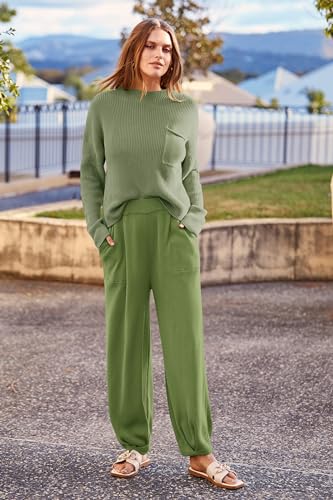PRETTYGARDEN Women's 2 Piece Tracksuit Outfit Long Sleeve Pullover Top High Waisted Sweatpants with Pockets (Dark Green,Small)
