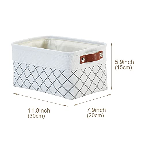 DECOMOMO Foldable Small Storage Bin | Rugged Canvas Fabric Basket Container W/ Leather Handles | Great for Organizing Closets, Offices, Nurseries and Homes (Grey and White, Small - 6 Pack)