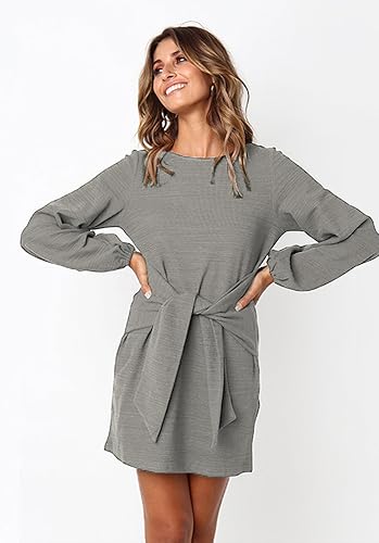 PRETTYGARDEN Women’s Elegant Long Lantern Sleeve Short Dress Crewneck Tie Waist Knit Cocktail Dress Dark Green