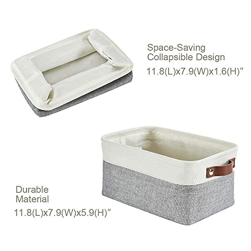 DECOMOMO Foldable Small Storage Bin | Rugged Canvas Fabric Basket Container W/ Leather Handles | Great for Organizing Closets, Offices, Nurseries and Homes (Grey and White, Small - 6 Pack)