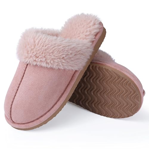 Litfun Women's Fuzzy Memory Foam Slippers Fluffy Winter House Shoes Indoor and Outdoor, Brown 7-7.5