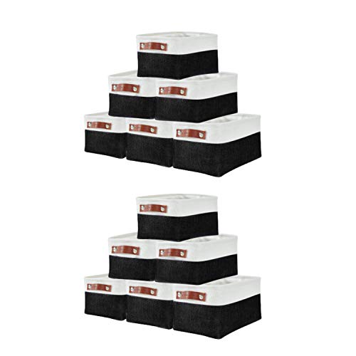 DECOMOMO Foldable Small Storage Bin | Rugged Canvas Fabric Basket Container W/ Leather Handles | Great for Organizing Closets, Offices, Nurseries and Homes (Grey and White, Small - 6 Pack)