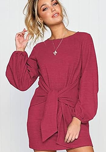 PRETTYGARDEN Women’s Elegant Long Lantern Sleeve Short Dress Crewneck Tie Waist Knit Cocktail Dress Dark Green