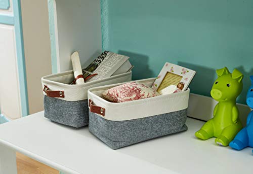 DECOMOMO Foldable Small Storage Bin | Rugged Canvas Fabric Basket Container W/ Leather Handles | Great for Organizing Closets, Offices, Nurseries and Homes (Grey and White, Small - 6 Pack)