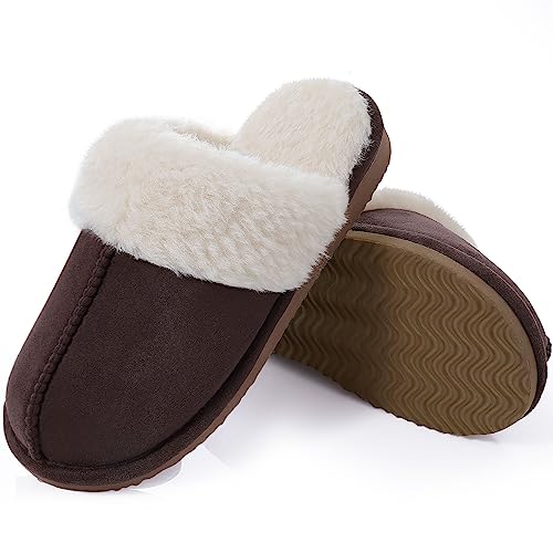 Litfun Women's Fuzzy Memory Foam Slippers Fluffy Winter House Shoes Indoor and Outdoor, Brown 7-7.5