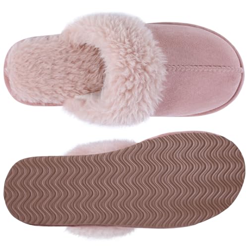 Litfun Women's Fuzzy Memory Foam Slippers Fluffy Winter House Shoes Indoor and Outdoor, Brown 7-7.5