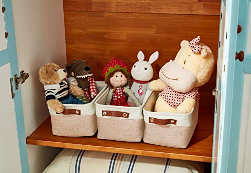 DECOMOMO Foldable Small Storage Bin | Rugged Canvas Fabric Basket Container W/ Leather Handles | Great for Organizing Closets, Offices, Nurseries and Homes (Grey and White, Small - 6 Pack)