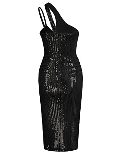 GRACE KARIN Women Sexy Sequin Cutout Bodycon One Shoulder Ruched Cocktail Dress Black S