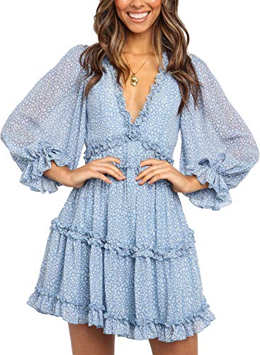 Dokotoo Women Dresses Cute Spring Boho Fall Casual Sexy Deep V Neck Ruffle Chiffon Lantern Long Sleeve Elegant Floral Printed Hawaiian Flowy Mini Short Skirt Dresses for Women Party 2022 X-Large