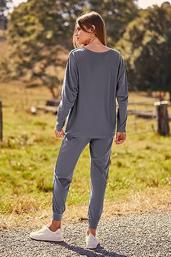 PRETTYGARDEN Women's 2023 Fall Fashion Outfits 2 Piece Sweatsuit Solid Color Long Sleeve Pullover Long Pants (Grey Blue,X-Large)