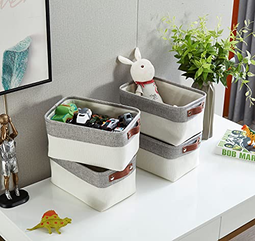DECOMOMO Foldable Small Storage Bin | Rugged Canvas Fabric Basket Container W/ Leather Handles | Great for Organizing Closets, Offices, Nurseries and Homes (Grey and White, Small - 6 Pack)