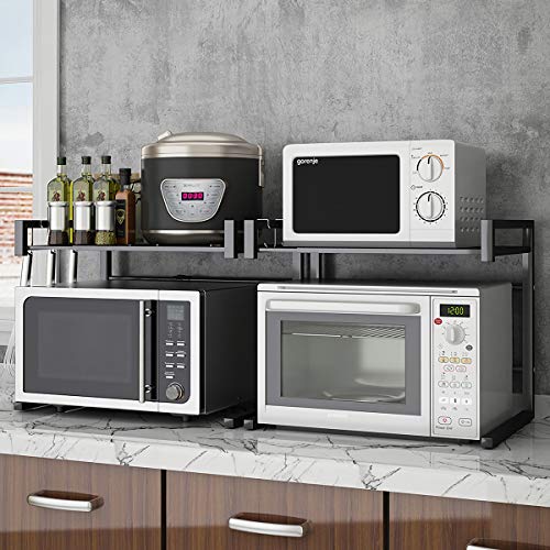 PUSDON Extendable Microwave Oven Rack, Adjustable Microwave/Toaster Shelf Heavy Duty Stand Kitchen Counter Top Organizer(L15.7~23.6" xW12.6 xH18.9), 2-Tier with 3 Hooks, 160lbs Weight Capacity, White