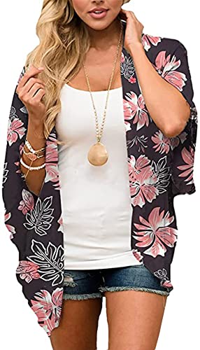 Naivikid Womens Floral Print Loose Puff Sleeve Kimono Cardigan Lace Patchwork Cover Up Blouse Lotus Root Gray 01 L