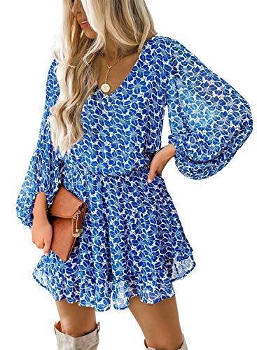 Dokotoo Women Dresses Cute Spring Boho Fall Casual Sexy Deep V Neck Ruffle Chiffon Lantern Long Sleeve Elegant Floral Printed Hawaiian Flowy Mini Short Skirt Dresses for Women Party 2022 X-Large