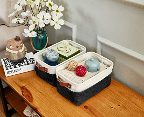 DECOMOMO Foldable Small Storage Bin | Rugged Canvas Fabric Basket Container W/ Leather Handles | Great for Organizing Closets, Offices, Nurseries and Homes (Grey and White, Small - 6 Pack)