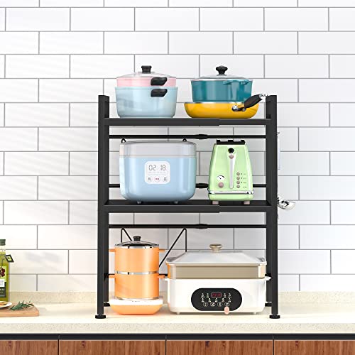 PUSDON Extendable Microwave Oven Rack, Adjustable Microwave/Toaster Shelf Heavy Duty Stand Kitchen Counter Top Organizer(L15.7~23.6" xW12.6 xH18.9), 2-Tier with 3 Hooks, 160lbs Weight Capacity, White