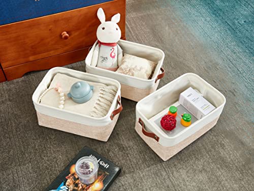 DECOMOMO Foldable Small Storage Bin | Rugged Canvas Fabric Basket Container W/ Leather Handles | Great for Organizing Closets, Offices, Nurseries and Homes (Grey and White, Small - 6 Pack)