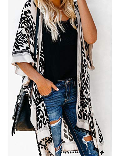 Bsubseach Loose Printed 3/4 Sleeve Kimono Cardigan