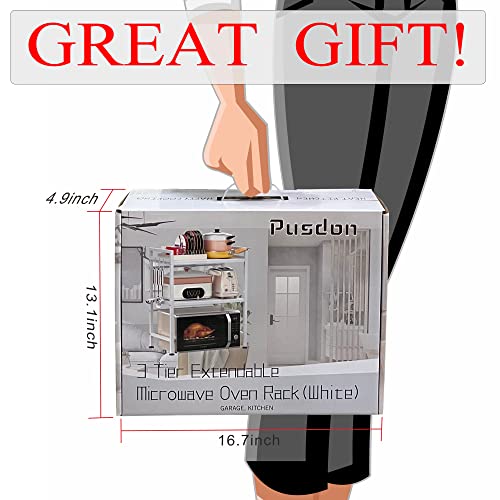 PUSDON Extendable Microwave Oven Rack, Adjustable Microwave/Toaster Shelf Heavy Duty Stand Kitchen Counter Top Organizer(L15.7~23.6" xW12.6 xH18.9), 2-Tier with 3 Hooks, 160lbs Weight Capacity, White