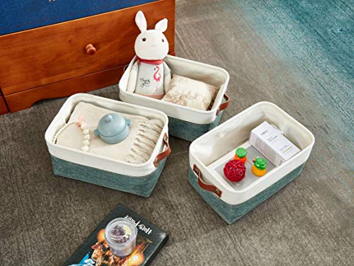 DECOMOMO Foldable Small Storage Bin | Rugged Canvas Fabric Basket Container W/ Leather Handles | Great for Organizing Closets, Offices, Nurseries and Homes (Grey and White, Small - 6 Pack)