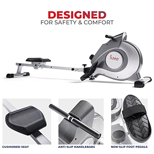 Sunny Health & Fitness Rowing Machine with Magnetic Resistance, LCD Monitor, 8-level Resistance, 1117 mm Step Length, 113 KG Max. Weight - SF-RW5515, Ergometer, Training Computer