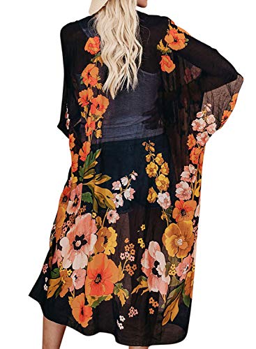 Jayscreate Women's Chiffon Kimono Cardigan Lightweight Batwing Summer Casual Sheer Swimsuit Up for Women Coverup Tops