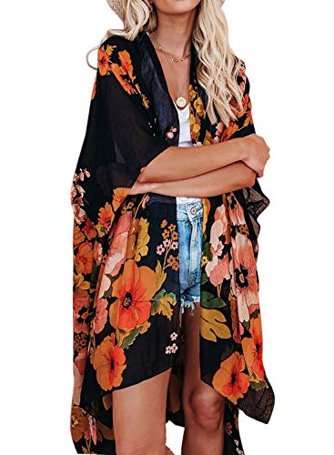 Jayscreate Women's Chiffon Kimono Cardigan Lightweight Batwing Summer Casual Sheer Swimsuit Up for Women Coverup Tops