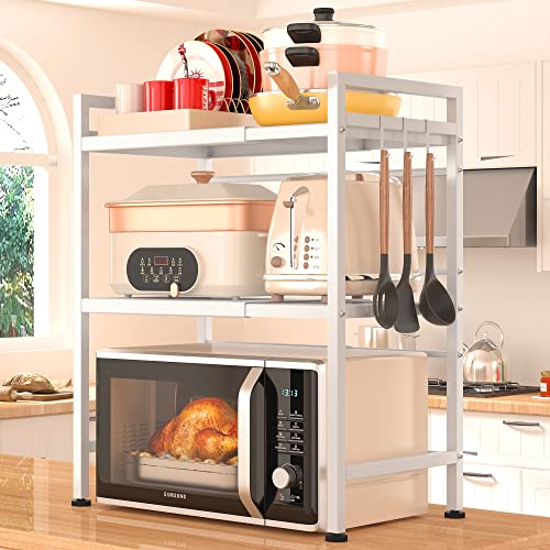 PUSDON Extendable Microwave Oven Rack, Adjustable Microwave/Toaster Shelf Heavy Duty Stand Kitchen Counter Top Organizer(L15.7~23.6" xW12.6 xH18.9), 2-Tier with 3 Hooks, 160lbs Weight Capacity, White