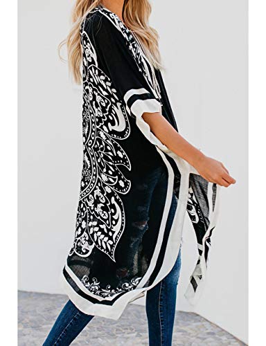 Bsubseach Loose Printed 3/4 Sleeve Kimono Cardigan